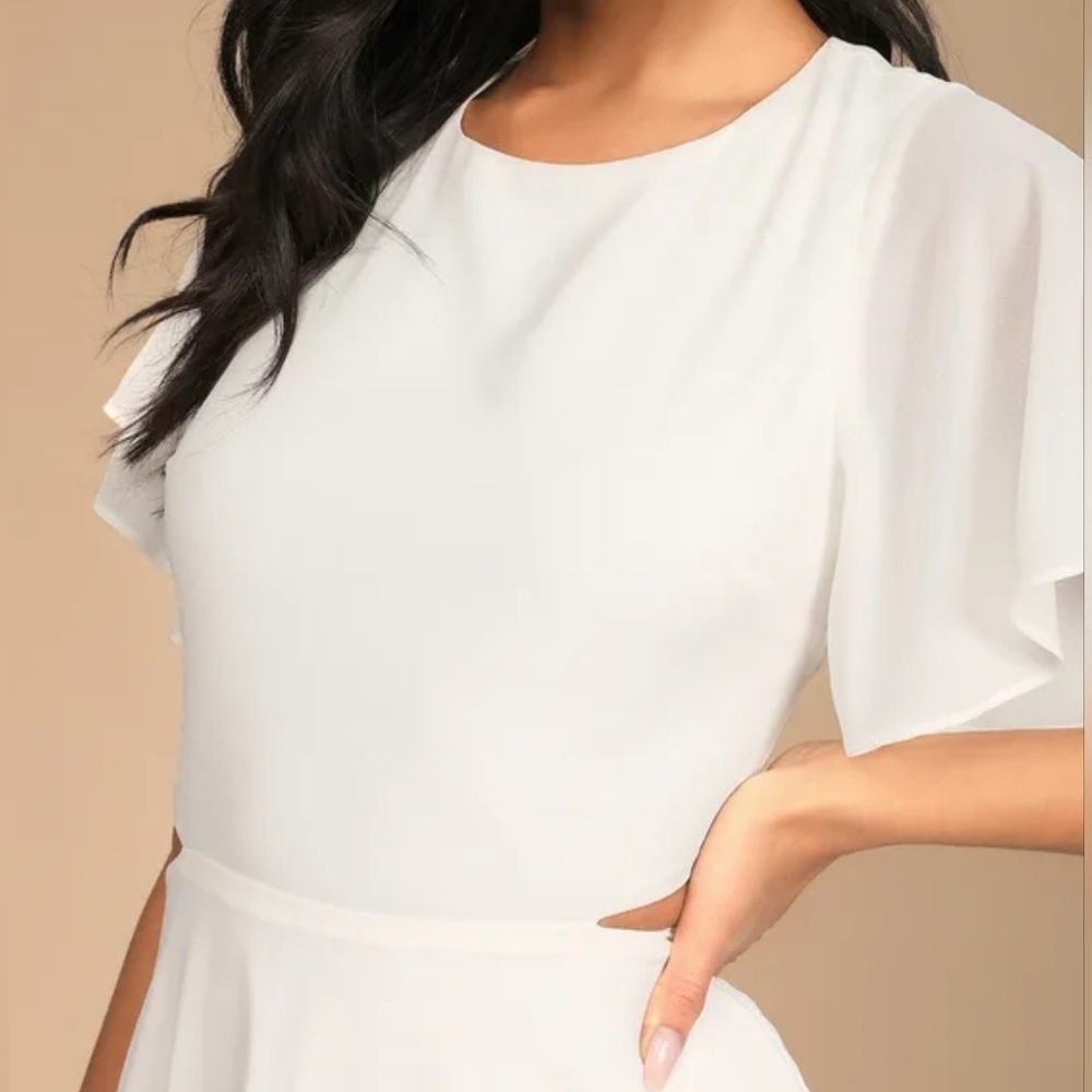 Lulus Blissful Love Ivory Cutout Mini Skater Dress, Flutter Chiffon Sleeves - Picture 5 of 11